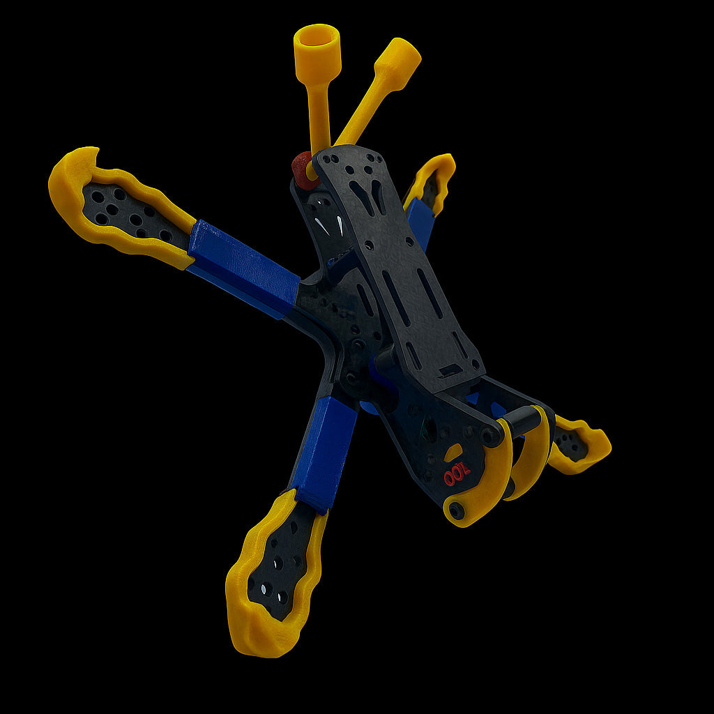Rear view of Flyclops 3D printed TPU kit installed on the ILLmatic frame, showing dual antenna mounts and reinforced skid plates; a colorful durability upgrade for freestyle frames.