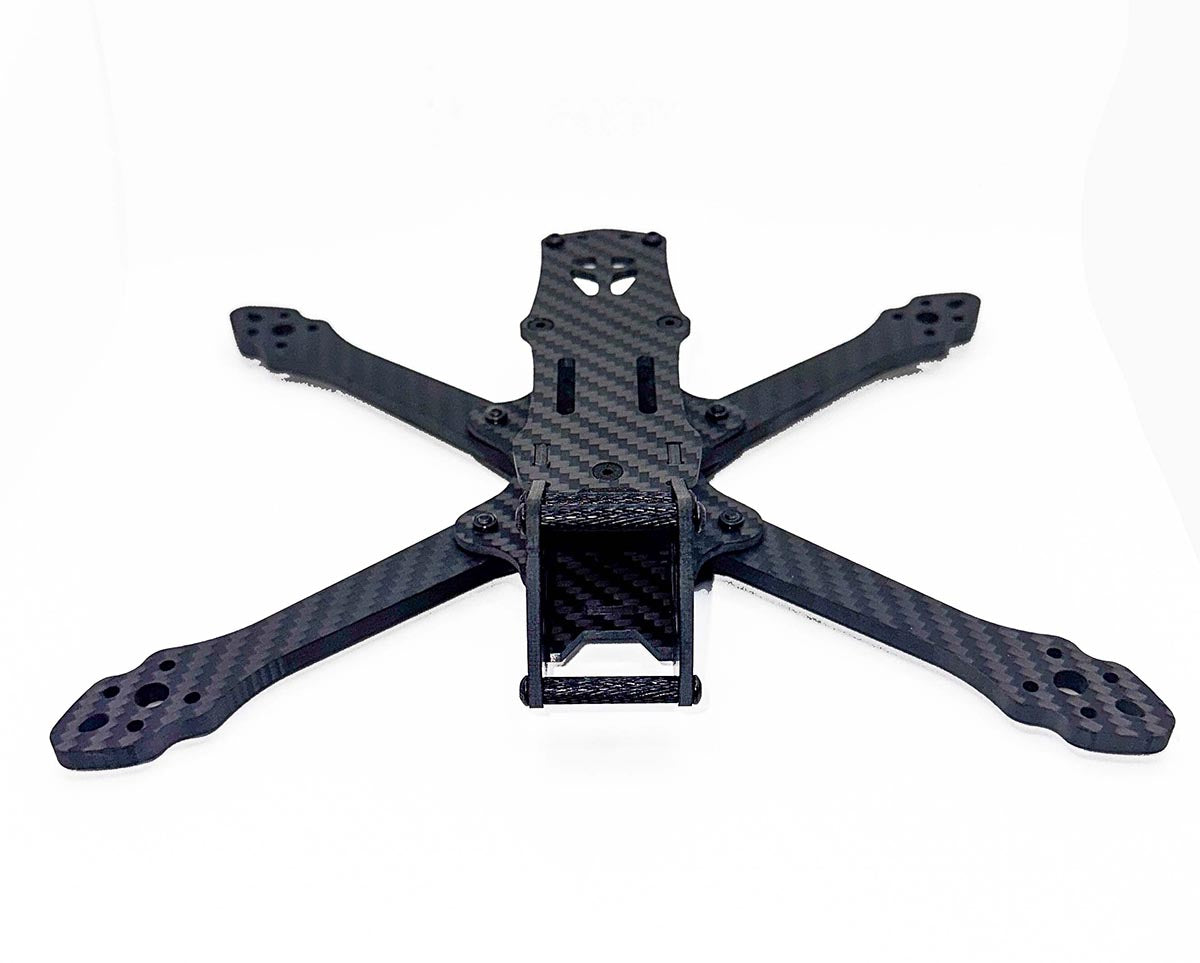 Front angle view of the ILLmatic 5-inch freestyle drone frame — a tough, beginner-friendly carbon frame by Sayword and Quadwrex. Ideal for pilots looking for a bargain freestyle option rivaling the TANQ, Syncmode, Apex, and Vannystyle.