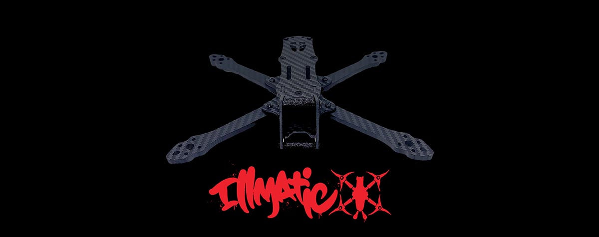 Showcase view of the ILLmatic 5" freestyle frame in all-black carbon fiber, branded with the red Illmatic FPV logo. Built for beginner, intermediate and competitive pilots who want durability and style on a budget — comparable to high-performance frames like Vannystyle, Flipmode, Syncmode, ERA and Apex.