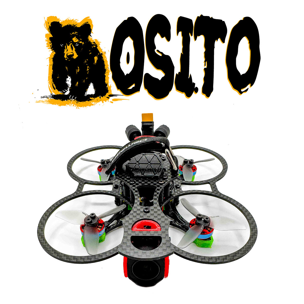 Osito FPV drone frame with prop guards, designed for cinematic freestyle flying; inspired by OsoFPV and comparable to Itsy Spydr, AOS Cine20, and BetaFPV's Pavo 20 Pro shown fully built with DJI O4 setup.