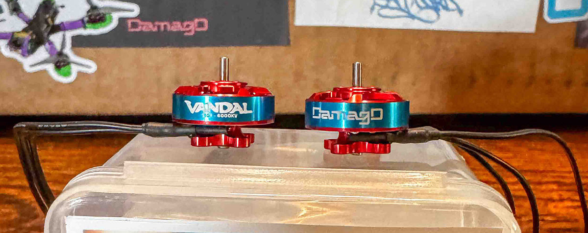 DamagD Vandal 1303 6000KV motors displayed on custom artwork packaging, designed for cinematic and freestyle FPV; a top-tier alternative to RCINPOWER and Caddx 1303 class motors.