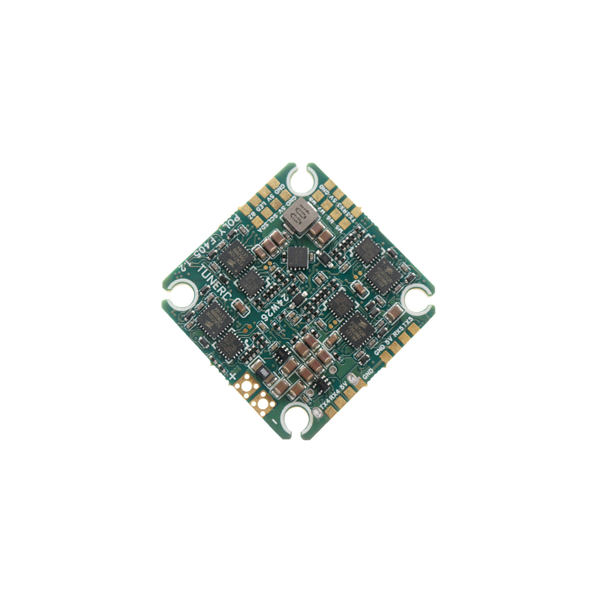 Backside of TuneRC Poly F405 AIO flight controller showing clean layout and compact component design.