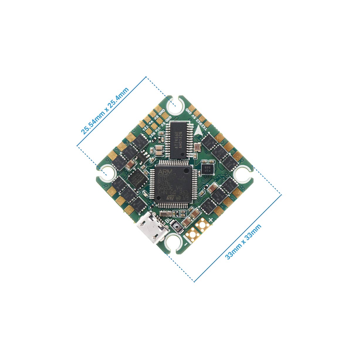 TuneRC Poly F405 AIO with dimensions labeled, showing 25.5mm x 25.5mm mounting and 33mm board size for micro FPV builds.
