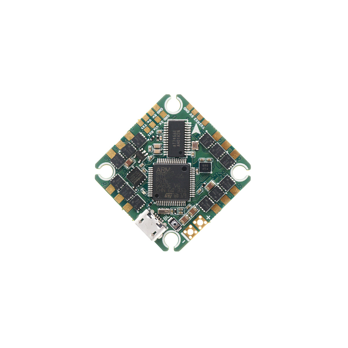 Top-down view of TuneRC Poly F405 AIO flight controller featuring STM32F405 processor and integrated 4-in-1 ESC.