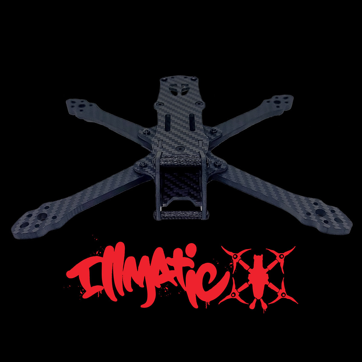 Full front shot of the ILLmatic carbon fiber drone frame with graffiti-style Illmatic logo designed for beginners, intermediate and competators for precision freestyle flying with easy arm swaps and a geometry that competes with TANQ, Syncmode, Flipmode, ERA, and Vannystyle and who are on a budget.